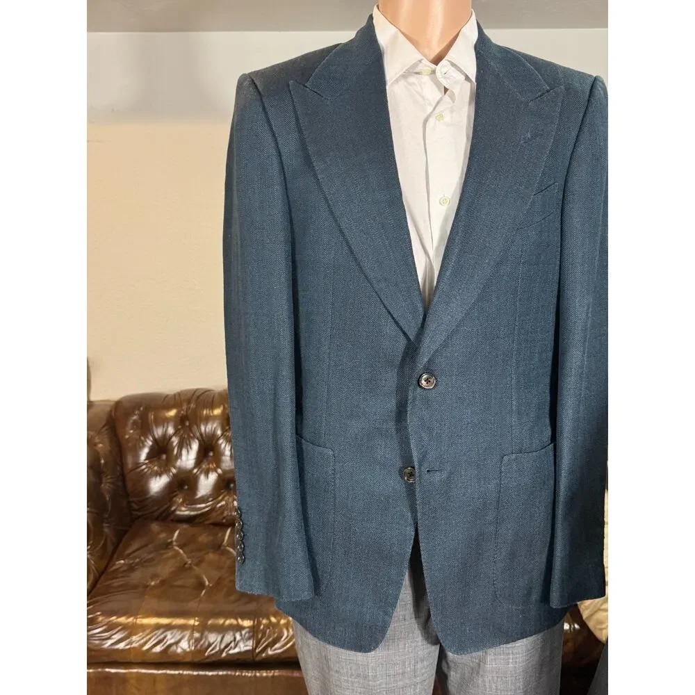 Tom Ford Teal Herringbone Silk Mohair Blazer Sportcoat 40R Peak Lapel Windsor